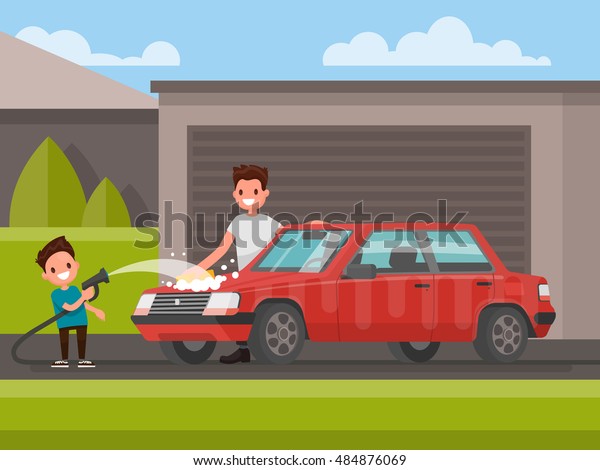 Washing of car outdoors.\
Father and son are washing car. Vector illustration of a flat\
design