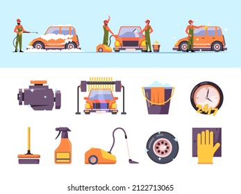 Washing cars. Cleaning service for urban vehicles people washing machines working team garish vector flat colored illustrations