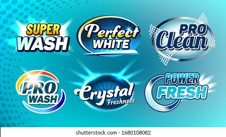 Washing Cleaner Creative Company Logo Set Vector. Super Wash And Perfect White, Pro Clean, Crystal Freshness And Power Fresh Collection Different Logo. Logotypes Concept Template Illustrations