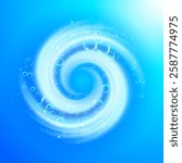 Washing and cleaning effect. Spinning blue vortex with air bubbles. Laundry spiral in motion. 