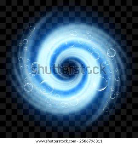 Washing and cleaning effect. Spinning blue vortex with air bubbles. Laundry spiral in motion. Vector effect on transparent background. 