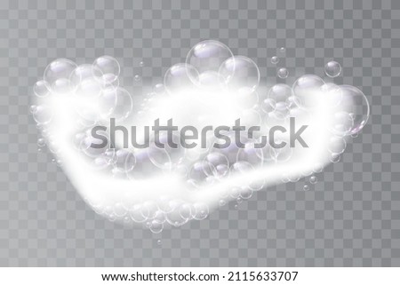 Washing and cleaning, foam with bubbles and soap. Vector soapy liquid for cleanliness and hygiene. Using cosmetic products, shaving or shower gels. Shampoo or mousse on transparent background