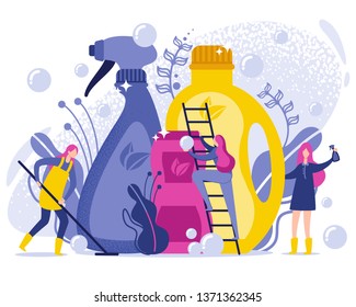 Washing and Cleaning Products Flat Illustration. Use Organic Cleaning Products and Detergents to Maintain Cleanliness. Women take Care Order. Safe Bio Substances in Plastic Containers.