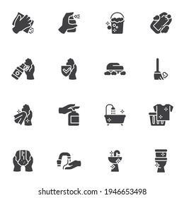 Washing and cleaning vector icons set, disinfection modern solid symbol collection, filled style pictogram pack. Signs, logo illustration. Set includes icons as antiseptic spray bottle, sanitizer gel