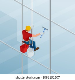 Washing And Cleaning The Window With A Squeegee. Isometric Male Worker In Overalls Professional Repair The Windows In High-rise. Vector Illustration