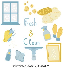 Washing and cleaning windows hand drawn big set