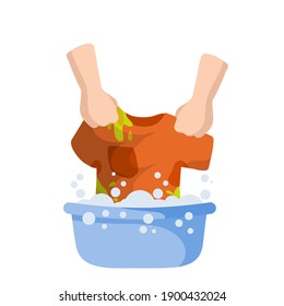 Washing clothes in basin of soapy water. Hands holding t-shirt. Household chores. Clean and wash. Stain removal. Flat cartoon illustration