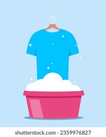 Washing clothes in basin of soapy water. Clean and wash. Stain removal. Flat vector illustration