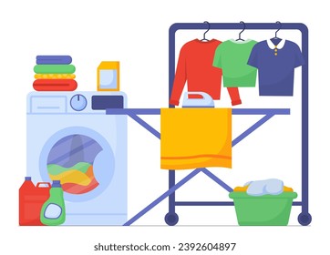 Washing clothes concept. Colorful tshirts and sweaters in laundry. Cleanliness and hygiene. Household chores and routine. Cartoon flat vector illustration isolated on white background