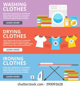 Washing clothes, drying clothes, ironing clothes flat illustration set. Creative flat design elements, concepts for web sites, web banners, printed materials, infographics. Modern vector illustration