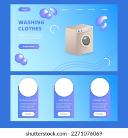 Washing clothes flat landing page website template. Washing floors, wipe dust, disinfectant. Web banner with header, content and footer. Vector illustration.