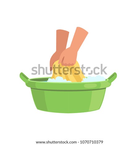 Washing clothes in green basin by hands, cleaning and housework concept vector Illustration on a white background