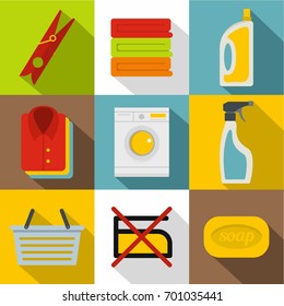 Washing clothes icons set. Flat set of 9 washing clothes vector icons for web with long shadow