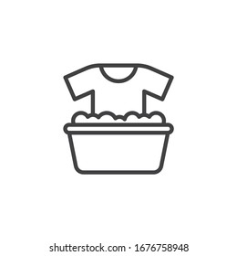 Washing clothes line icon. linear style sign for mobile concept and web design. T-shirt and plastic basin with foam outline vector icon. Symbol, logo illustration. Vector graphics