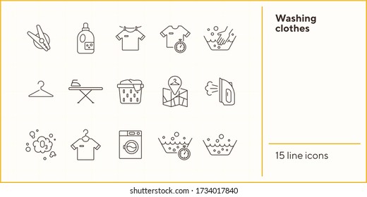Washing clothes line icon set. Drying, textile, bleaching. Laundry concept. Can be used for topics like housework, laundromat, service