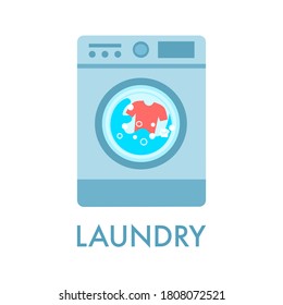 Washing clothes in washing machine in flat design. Laundry service concept vector illustration on white background.