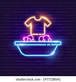 Washing Clothes neon sign. Glowing washing tray icon. Vector illustration for design, website, signboards. Laundry concept.