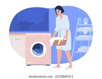 Washing clothes at night 2D vector isolated spot illustration. Woman with laundry near washer machine flat character on cartoon background. Colorful editable scene for mobile, website, magazine