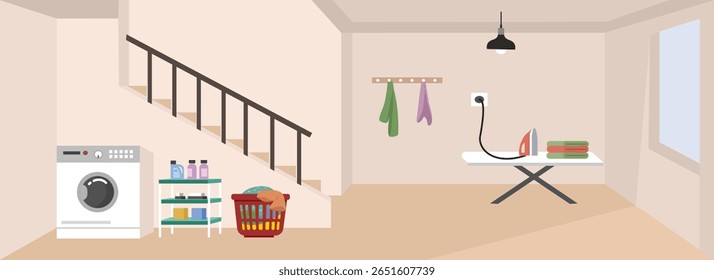 Washing clothes room. Laundry room. Home interior. Washing machine. Ironing table. Soap rack.