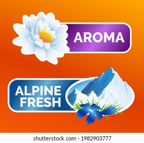 Washing clothes sticker, White lotus flower and alpine freshness symbol with mountains and flowers, laundry detergent advertising, vector illustration isolated.