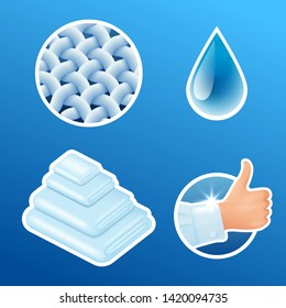 Washing clothes stickers set, clean laundry, stack of white towels, fibers, clear blue water drop, hand thumbs up icons isolated, vector illustration