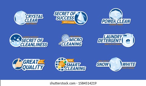 Washing clothes stickers set. Washing label - crystal clear, snow-white, laundry detergent, great quality, smart cleaning. Advertising of clean linen, detergent, washing powder vector