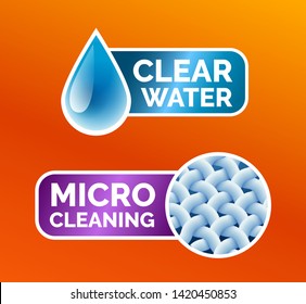 Washing clothes stickers set, stickers - micro cleaning, clear water Fibers, water drop icons isolated, vector illustration.