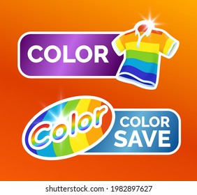 Washing clothes stickers set, Polo shirt and colorful garment symbols for label, color icon set, vector illustration isolated.