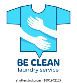 Washing clothes using laundry service, isolated sign of tidy tshirt and hands hugging it. Be clean, caring for fabric and housekeeping. Hygiene and household. Label or emblem vector in flat style