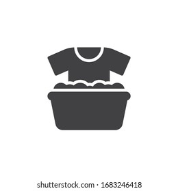 Icono vectorial de lavado de ropa. signo plano relleno para concepto móvil y diseño web. pantalones T y estanque de plástico con icono de glifo espumoso. Símbolo, ilustración del logotipo. Gráficos vectoriales