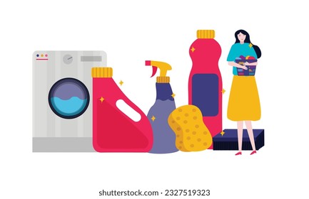 washing clothing laundry machine and housekeeping tools hygiene cleaning with a girl holding basket clothes