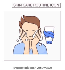 Washing color icon, Man doing beauty procedure. Facial soap for cleaning skin. Skin care routine concept. Isolated vector illustration