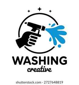 Logo creativo de lavado con boquilla de pulverización de mano e icono de salpicadura de agua azul