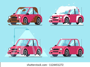 Washing Dirty Car. Steps Of Cleaning Cars From Muddy Dust And Cartoon Dirt Covered Wash Dripping Foam To Clean And Shiny Red Automobile Vector Illustration Isolated Flat Sign Set