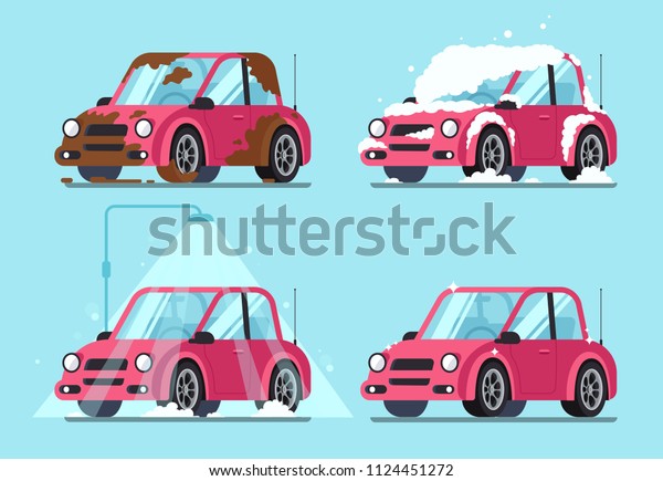 Washing dirty car.\
Steps of cleaning cars from muddy dust and cartoon dirt covered\
wash dripping foam to clean and shiny red automobile vector\
illustration isolated flat sign\
set