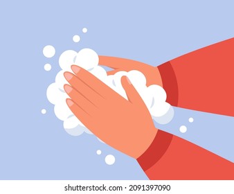 Washing dirty hands with water, soap foam in bathroom. Antibacterial and antiviral disinfection of hands from viruses and bacterias flat vector illustration. Hygiene, healthcare, handwashing concept