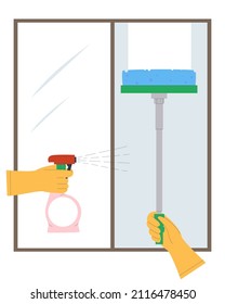 Washing a dirty window with a special spray and a window cleaning mop. Cleaning service. Flat vector illustration.