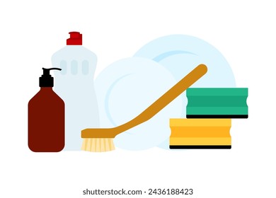 Washing dishes. Cleaning products, sponges, detergent, soap, brush - composition of clean dishes and dish washing products. Housework concept. Minimal flat vector illustration, isolated on white