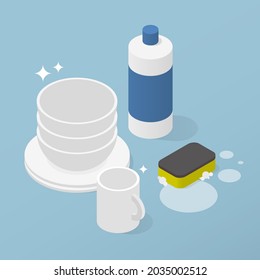 Washing dishes crockery isometric vector illustration. Cleaning plate, bowl and mug use chemical detergent with foamy sponge. Housekeeping or daily domestic work. Sanitize and dishwashing