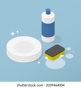 Washing dishes detergent isometric vector illustration. Clean shining plate with plastic bottle of liquid wash supply and foamy sponge. Manual utensil cleaning. Household sanitary hygienic work