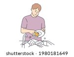 Washing dishes and housework concept. Young smiling man cartoon character standing washing dishes with special soap and brush over white background vector illustration 