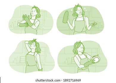 Washing dishes and housework concept. Young happy woman cartoon character in gloves washing dishes in kitchen with special liquid feeling positive and excited vector illustration. Maid, housewife