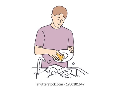 Washing dishes and housework concept. Young smiling man cartoon character standing washing dishes with special soap and brush over white background vector illustration 