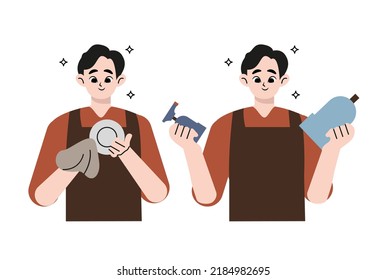 Washing dishes and housework concept. Young smiling man cartoon character standing washing dishes with special soap and brush over white background vector illustration 