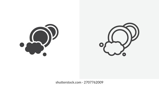 Waschgeschirrsymbol. Sammlung von bearbeitbaren Strichlinien und Volumenkörper-Flachstilen.