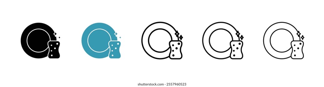 Washing dishes icons pack in black and blue.