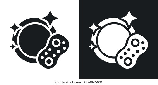 Washing dishes icons in solid black and white colors