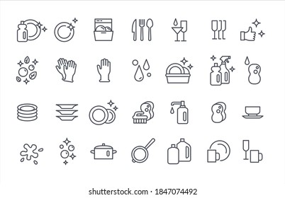 Washing dishes icons thin flat vector set