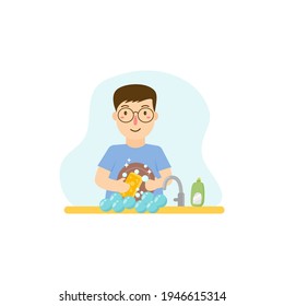 washing the dishes in kitchen
