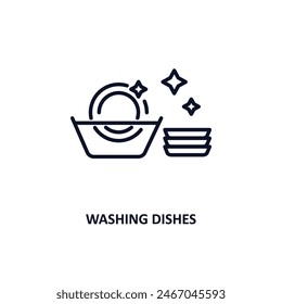 washing dishes outline icon.  Thin line icon from cleaning collection. Editable vector isolated on white background